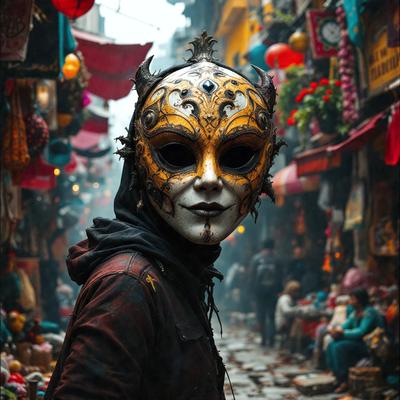 The primary subject of the image is a person wearing a mask, which appears to be a creepy or demonic-looking face. The mask is positioned over the person's face, covering it. The setting is a crowded street with various people and objects around. The visual style of the image is a photo, capturing the person wearing the mask in the bustling environment. The colors and mood of the image are dark and mysterious, with the mask adding an element of intrigue and unease to